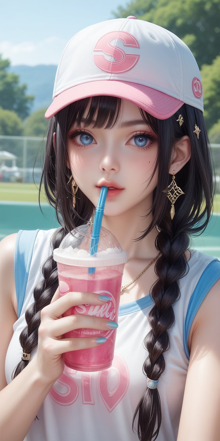 A young woman with long black hair and blue eyes looks directly at the viewer while wearing a baseball cap and a braided hairstyle adorned with a hair ornament. She holds a disposable cup with a drinking straw and takes a sip, her lips painted a bright pink to match her nail polish. A delicate ring sparkles on her hand, complementing her earrings as she poses outdoors during the day.