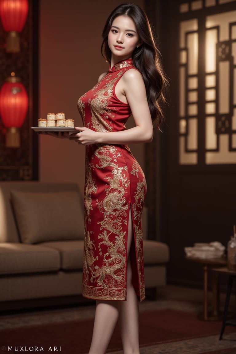 BY SWONG1327 GID 710743#2 ✺ PROMPT : DEPTH OF FIELD, BEAUTIFUL PERFECT BODY, BEAUTIFUL FINE FACE, SMALL CHEST, REALISTIC TEXTURE, CHINESE GIRL, PERFECT HAND, LIGHT BROWN LONG WAVY HAIR, BLACK EYES, WEARING A CHEONGSAM WITH DRAGON AND PHOENIX PATTERNS , WEAR 3-INCH HIGH HEELS, HOLDING A TRAY OF MOONCAKES, STANDING FULL BACK AND LOOKING TO THE VIEWER IN A ROOM DECORATED IN AN ANCIENT CHINESE STYLE. , 8K REALISTIC PHOTOGRAPHY ✺ FLUXLORA ARI ✺ WEIGHT: 0.6 ✺ STEPS: 30 ✺ SEED:308154 CFG:5