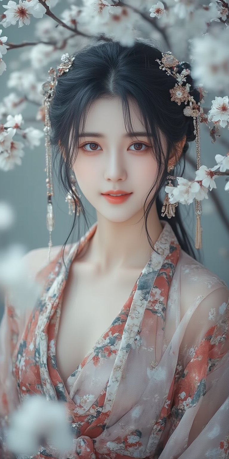 A serene Japanese maiden stands alone against a blurry backdrop of blooming cherry blossom trees. She gazes directly at the viewer with a gentle smile, her parted bangs framing her heart-shaped face. Her black hair cascades down her back, adorned with intricate hair ornaments and hair rings. Red eyes sparkle beneath luscious eyelashes, and her lips curve upward in a subtle grin. A floral print kimono drapes across her upper body, its vibrant colors muted by the soft focus of the background. Delicate earrings and a tassel dangle from her ears as she wears a bow-adorned hairstyle. The camera's shallow depth of field blurs everything except for our subject, emphasizing her captivating presence.