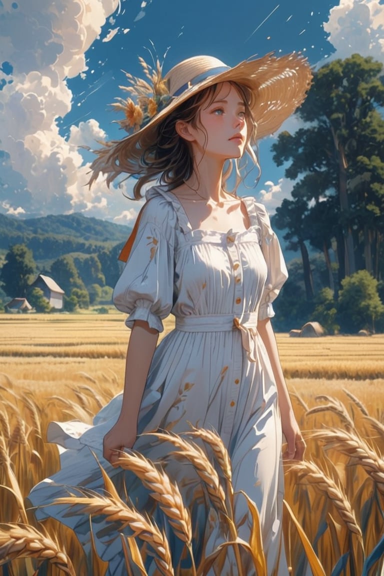 Wheat field, a farmer girl with a straw hat standing in a wheat field. She is a young cute young woman with beautiful eyes, sweaty, clouds, blue sky, rice field, neat rice seedlings in the field, forest, hillside, secluded, rural, HD detail, hyper-detail, cinematic, surrealism, soft light, deep field focus bokeh, ray tracing and surrealism. 