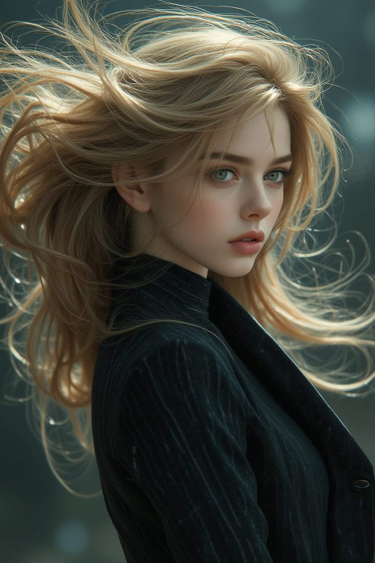 Realistic close-up shot of a stunning, elegant 20-year-old European woman wearing a dark black striped suit, with long bright blond hair and bright green eyes. She expertly poses a sexy female model with her head raised in a double exposure, incorporating the intricate artistic styles of Alex Stoddard, Natalia Drapina and Brooke Shaden. Surrealism on cracked paper, dynamic, unusual and retro. 128K, Illustration, High Detail, High Budget, Bokeh, Cinema Wide, Moody, Epic, Gorgeous, Film Grain, Grainy, High Quality Photography, 3 Point Cinema Glory Lighting, Soft Focus Flash, Canon EOS R3, HDR, Smooth, Sharp, high-resolution, award-winning action photos, jump photos, 50mm, wide-angle shot, away from camera, full body, f2.8, bokeh, side view.