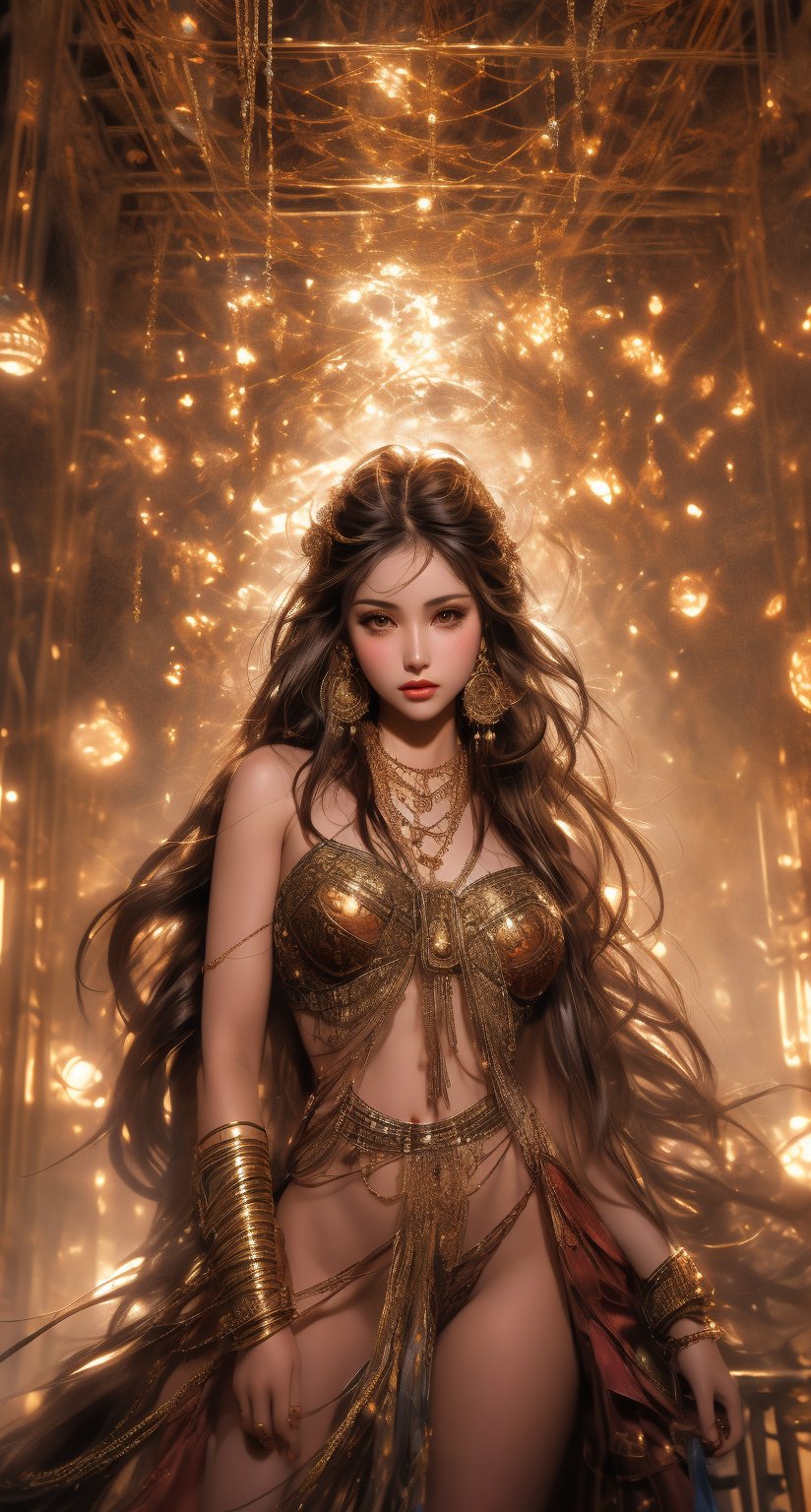 Hyper-realistic digital painting of a beautiful girl, full body, shiny dark brown eyes, messy mid-length hair with golden highlights, beautiful gypsy necklace with intricate details, in a surreal and fantasy setting, combining the artistic styles of Jose Royo, Boris Vallejo, Julie Bell, Carne Griffiths, Benedick Bana, Brian Froud and Eric Wallis, precise anatomy, global light, chiaroscuro, ray tracing