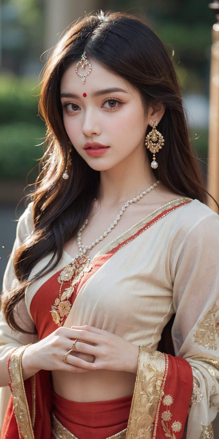 A close-up portrait of an Indian woman with a captivating gaze. Her large, expressive eyes are a deep shade of brown, and her thick, wavy hair is elegantly styled into a loose bun, with a few strands framing her face. She is wearing a traditional red saree with golden borders, and a set of matching bangles on her wrists. Her earrings are ornate, with small pearls and gemstones, and she has a small nose ring that adds to her traditional look. The background features a subtle, blurred pattern of traditional Indian motifs, complementing her attire. The lighting is soft and diffused, creating a natural, glowing effect on her skin.
