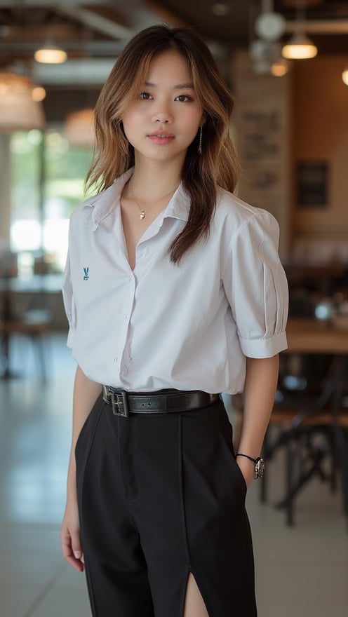 18 year old thailand woman, long hair,wetting a Torn fitting Shinny White short-sleeved slim-fit shirt with shoulder-length sleeves,belt,earing,Smartwatch,neckleck, Black Narrow skirt short with a slit on the left side, Black high heels, in a coffee shop