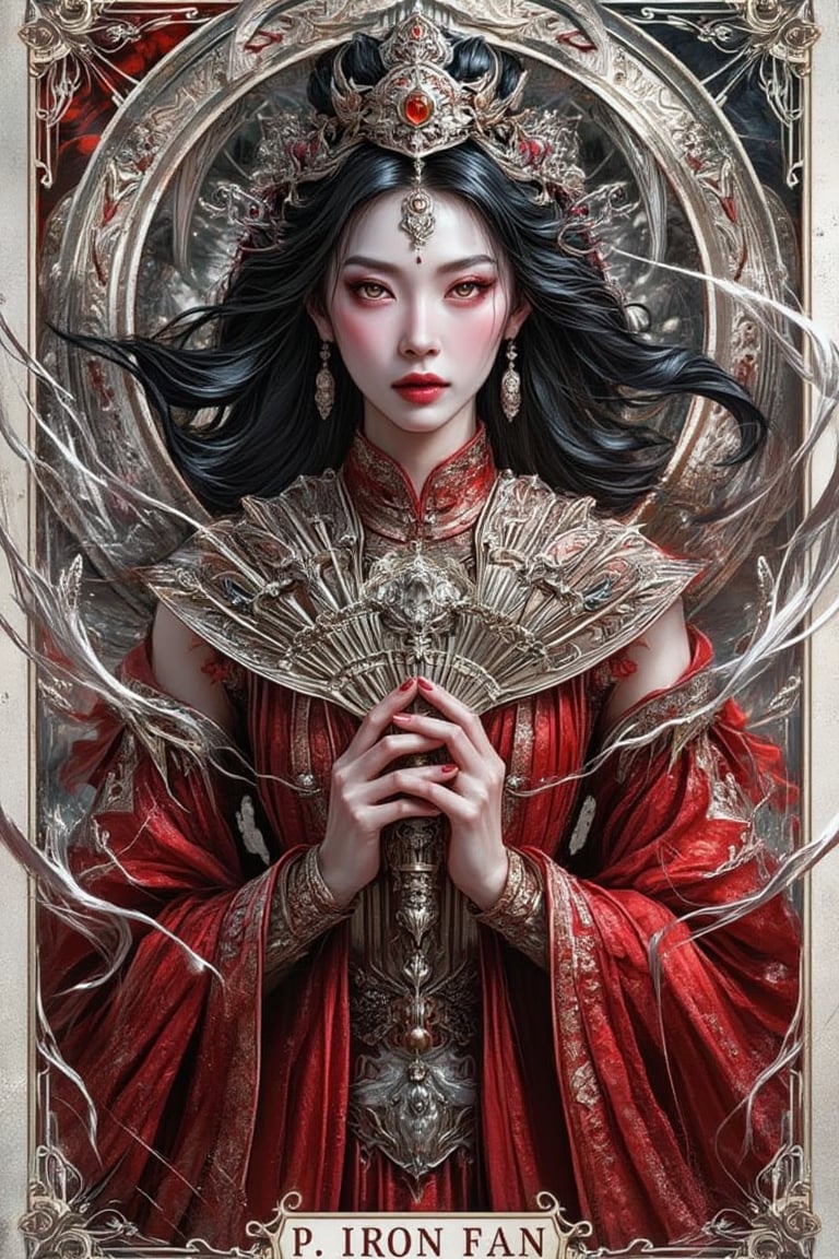 Symmetrical, elegant yet deadly, wind manipulation theme, portrait of Princess Iron Fan in tarot card style, intricate detail, merge graceful beauty with destructive power, silver and dark red palette, artwork, crisp lines, regal yet menacing aesthetics, masterpiece, abstract, surrealism, realistic, detailed, high resolution, Leonardo Style, Movie Poster, MoviePosterAF, 'P. IRON FAN' name text,