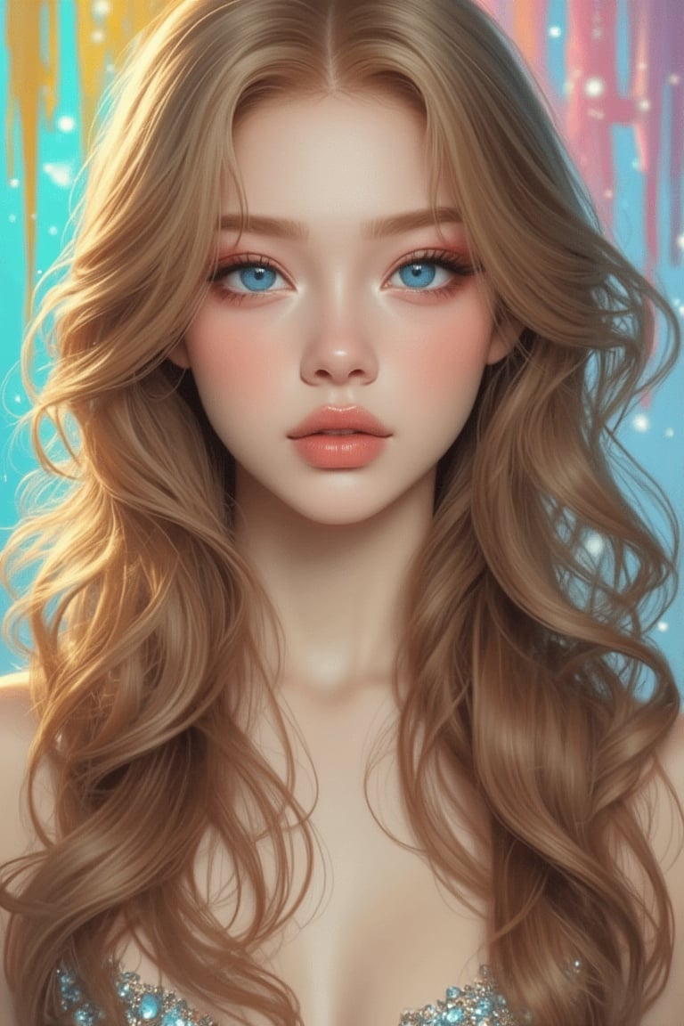 128K, HD, RAW photo, best quality, (Masterpiece: 1.2), (realistic, photo-realistic), (highly detailed), 18-year-old girl, very beautiful face, perfect body, bright and lively blue eyes, long and dense eyelashes, innocent face, white skin, long golden wavy long slightly curly hair, front view, impressive view, perfect light, sharper, highly detailed glossy eyes, glossy full sexy lips, card Carne Griffiths style, Conrad Roset, (Composition by Alphonse Mucha), gorgeous, heavenly, ethereal background, pastel. A glow surrounds her, and the wall behind her is painted with abstract paint in rainbow colors. Watercolor, Rain, Glitter, Varga Style by Daniel Gerhartz.