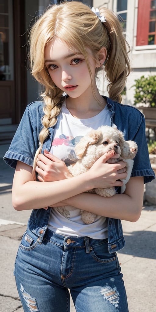 Whimsical artistisc illustration story. A girl wearing torn jeans and a t-shirt with print, blond hair in a pigtail whith a white bow. She is hugs a fluffy poodle. A few flowers. intricate detailing, background faded. 3D. Oilpainting