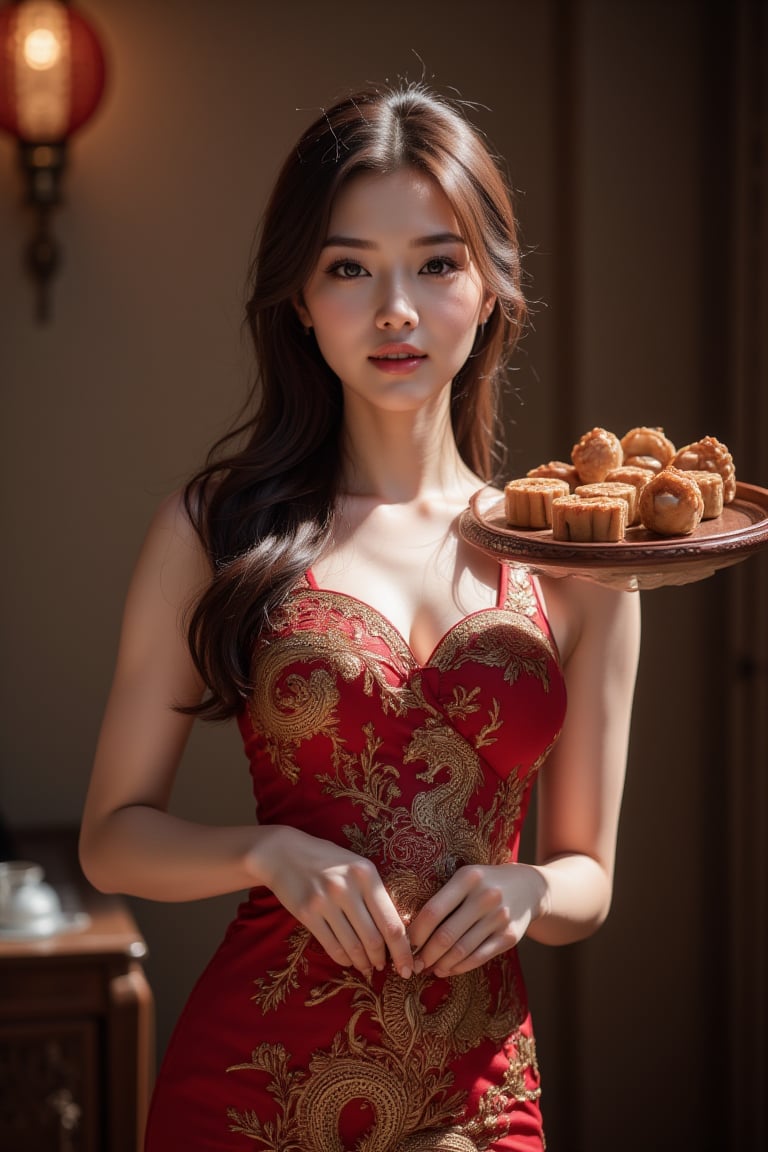 BY SWONG1327 GID 710743#2 ✺ PROMPT : DEPTH OF FIELD, BEAUTIFUL PERFECT BODY, BEAUTIFUL FINE FACE, SMALL CHEST, REALISTIC TEXTURE, CHINESE GIRL, PERFECT HAND, LIGHT BROWN LONG WAVY HAIR, BLACK EYES, WEARING A CHEONGSAM WITH DRAGON AND PHOENIX PATTERNS , WEAR 3-INCH HIGH HEELS, HOLDING A TRAY OF MOONCAKES, STANDING FULL BACK AND LOOKING TO THE VIEWER IN A ROOM DECORATED IN AN ANCIENT CHINESE STYLE. , 8K REALISTIC PHOTOGRAPHY ✺ FLUXLORA ARI ✺ WEIGHT: 0.6 ✺ STEPS: 30 ✺ SEED:308154 CFG:5