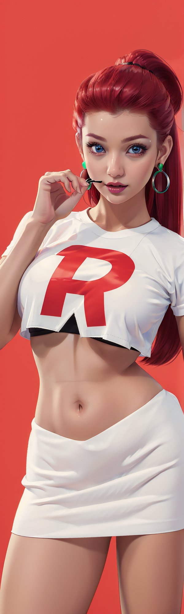 ((masterpiece, best quality)), jessie, pokemon,white top with red letter R, white skirt, pikachu background,sexy,curvy body,detailed face,perfect eyes,detailed hands,hands up,light background,mix of fantasy and realistic elements,vibrant manga,uhd picture , crystal translucency, vibrant artwork,jessie\(pokemon\)