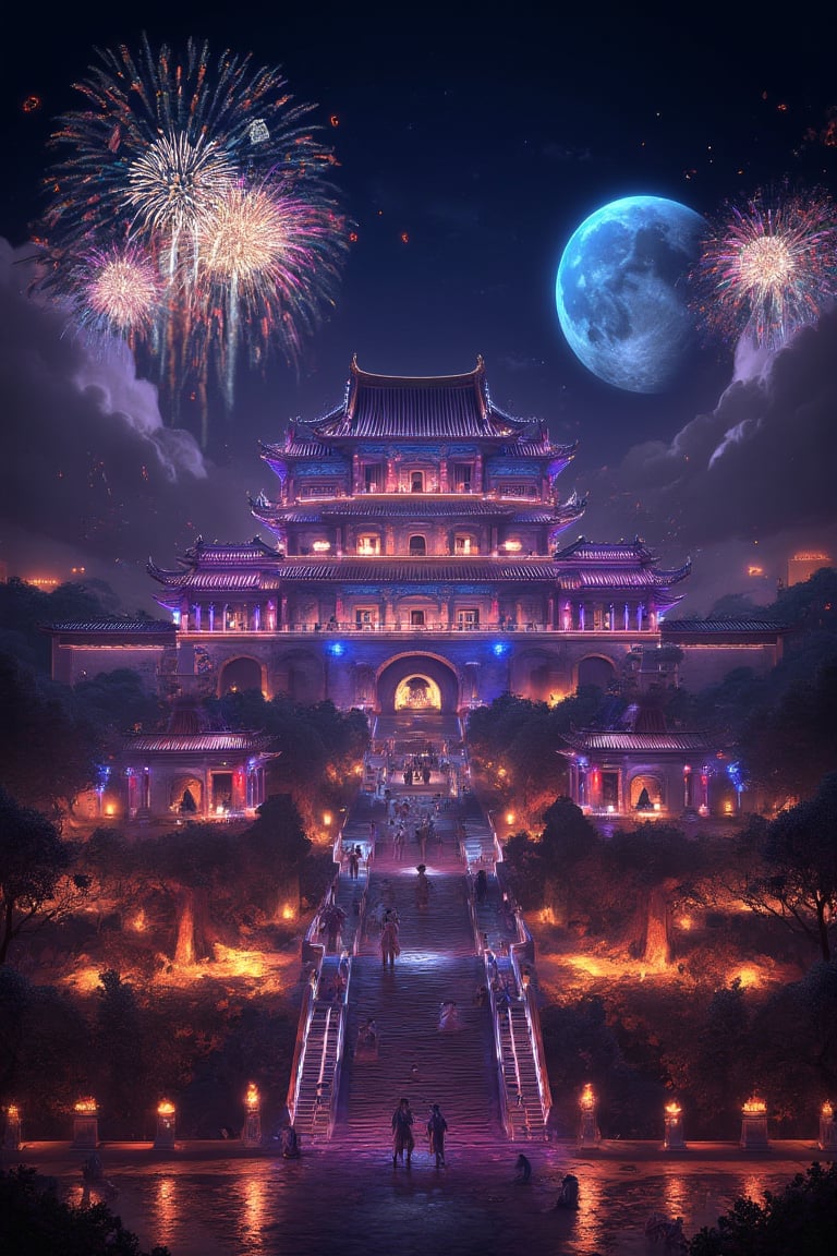 Create an image of an ancient Chinese palace illuminated with bright colors at night. The palace stands majestically in the center with a grand arched roof and a long stone staircase leading up to the main gate. Numerous fireworks are set off in the sky, adding to the atmosphere of grandeur and grandeur. The water reflects light from the palace and surrounding buildings. A large full moon shines above the dark sky. The sky is filled with floating lanterns, adding to the romantic and magnificent atmosphere.