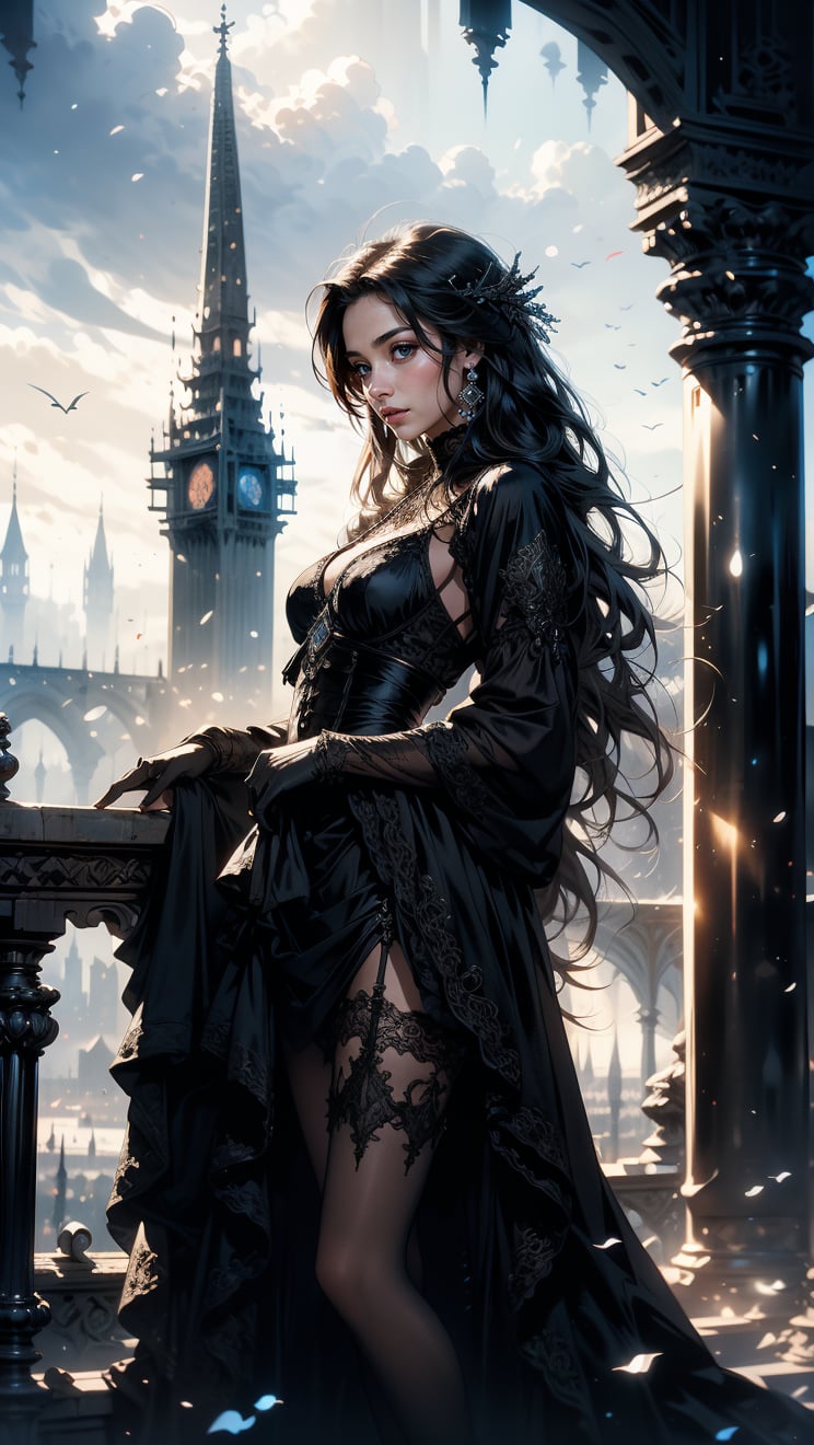 
A beautiful adventuress , gothic clotes standing on to of the tower overlooking a big city. Luis Royo, Grzegorz Rosiński, detailed background, dark fantasy, comic illustration, masterpiece, realistic