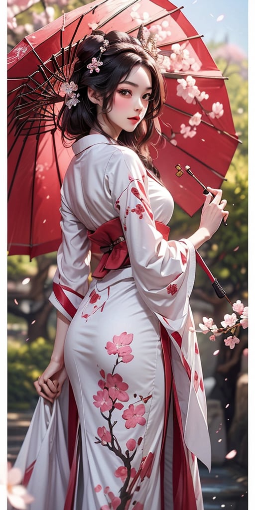 A stylized and gorgeous photograph of a female Japanese Geisha, wearing a traditional white and red lined Geisha outfit, holding an umbrella with cherry trees painted on it, cherry blossom forest behind her, water colors mixed with alcohol ink, vibrant colors, cherry blossom leaves cover the borders of the photo