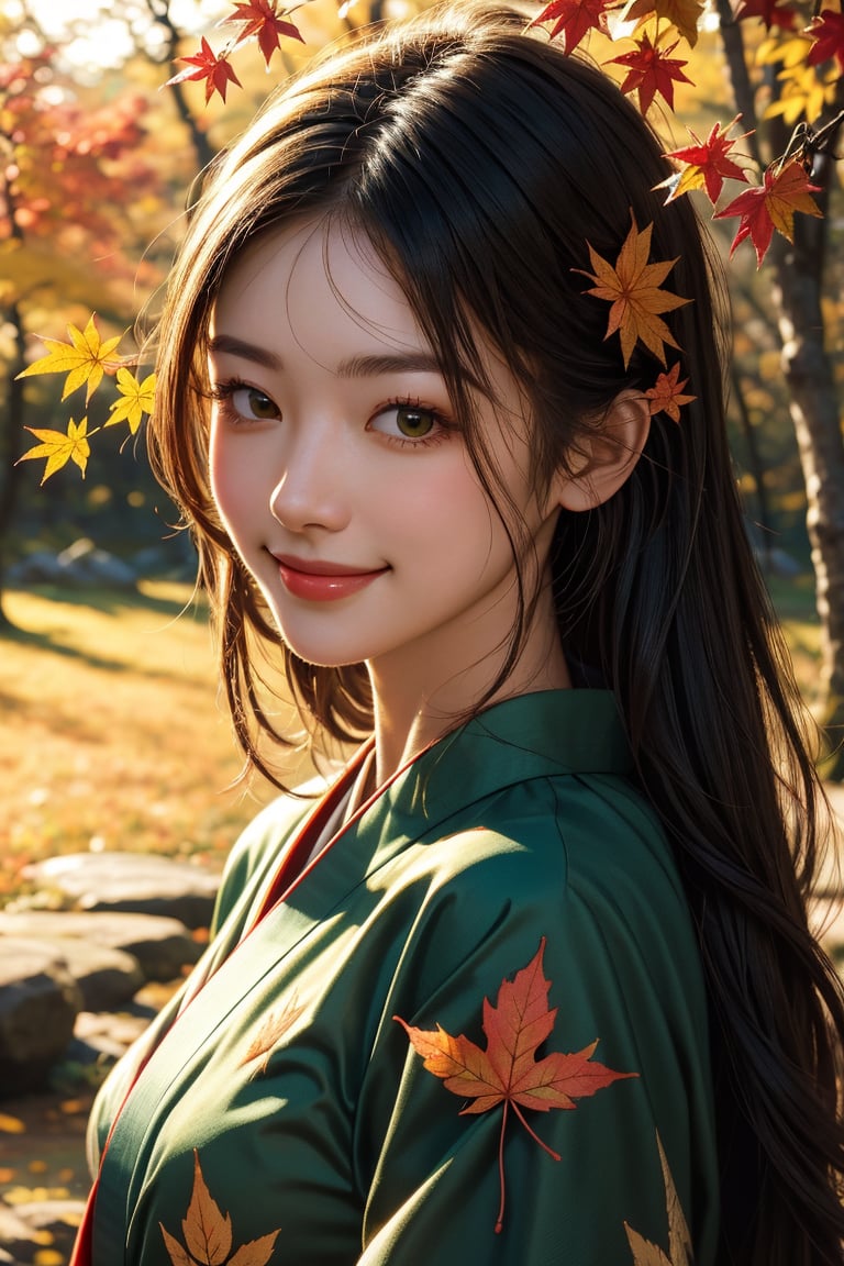 A close-up portrait of a young woman with a serene smile, her hair adorned with autumn leaves, wearing a deep green kimono with a delicate maple leaf pattern. She stands amidst a grove of fiery red maple trees in Kamikochi, sunlight dappling her face.