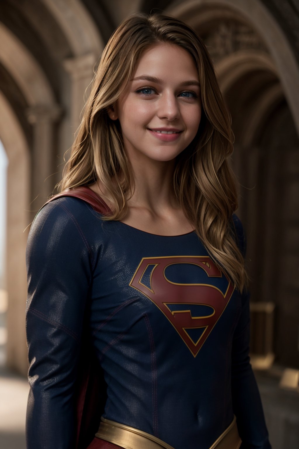real, atmospheric scene, masterpiece, best quality, (detailed face, detail skin texture, ultra-detailed body),(cinematic light),, 1girl, s0p3r6m3l1s4-smf, solo, realistic, blonde hair, blue eyes, long hair, superhero, lips, upper body, smile, closed mouth, bodysuit, teeth, grin