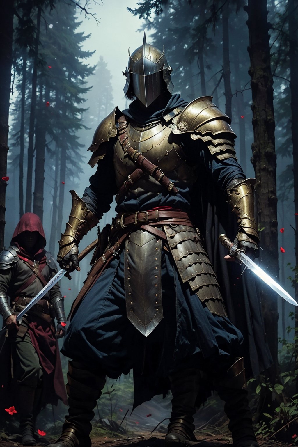 weapon,sword,armor,holding,2boys,glowing,holding weapon,holding sword,multiple boys,cape,forest,nature,dagger,gauntlets,glowing eyes,knight,sheath,tree,knife,full armor,male focus,night,shoulder armor,petals,helmet,outdoors,fantasy,belt,ws7,Best quality,masterpiece,ultra high res,lora:ws7:0.7,