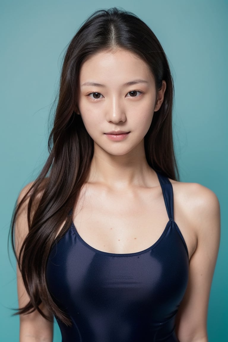 girl, 18yo,japanese,Asian,4K,straight hair,without makeup,150cm,
 (blue background:1.2), portrait,studio lighting,
(black school ONEPIECE swimsuit:1.3), Racing-style swimsuit,
(monolid eyes:1.5),