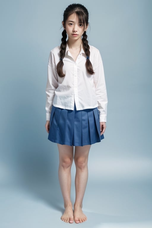 girl, 18yo,japanese,pony_tail,
without makeup,
 (blue background:1.2), portrait,studio lighting,
barefoot,Hair,school uniform,