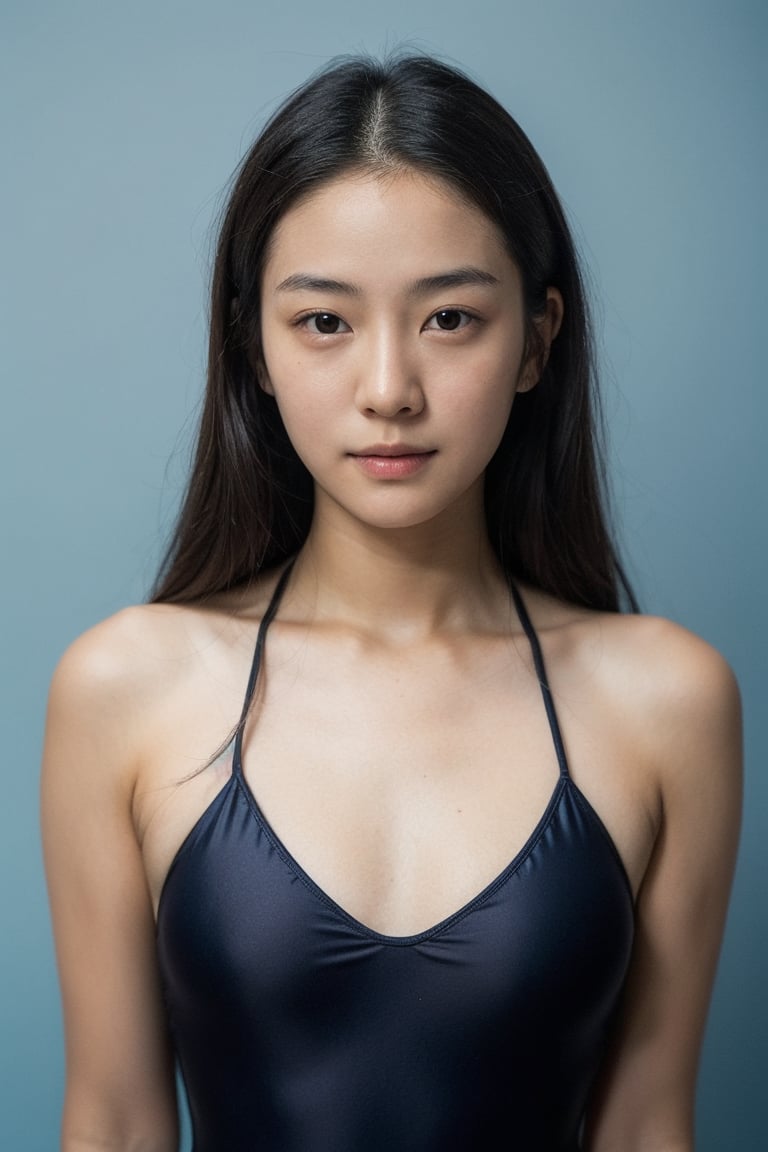 girl, 18yo,japanese,Asian,4K,straight hair,without makeup,150cm,
 (blue background:1.2), portrait,studio lighting,
(black school ONEPIECE swimsuit:1.3), Racing-style swimsuit