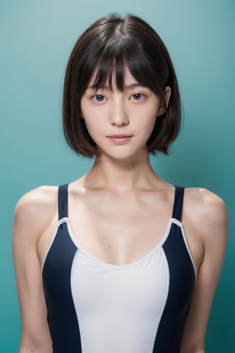 girl, 18yo,japanese,Asian,4K,straight hair,without makeup,150cm,
 (blue background:1.2), portrait,studio lighting,
(black school ONEPIECE swimsuit:1.3), Racing-style swimsuit,
(monolid eyes:1.5), piercing eyes, glare,
fat body type,
bob_cut 