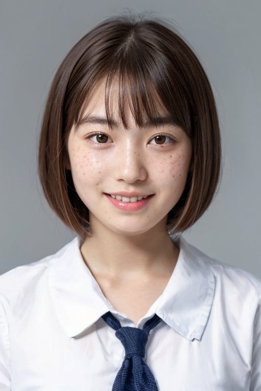 bob cut,
(round face:1.2),
japanese, cute,16yo, smile,
freckled skin, 
without makeup,
school uniform, 