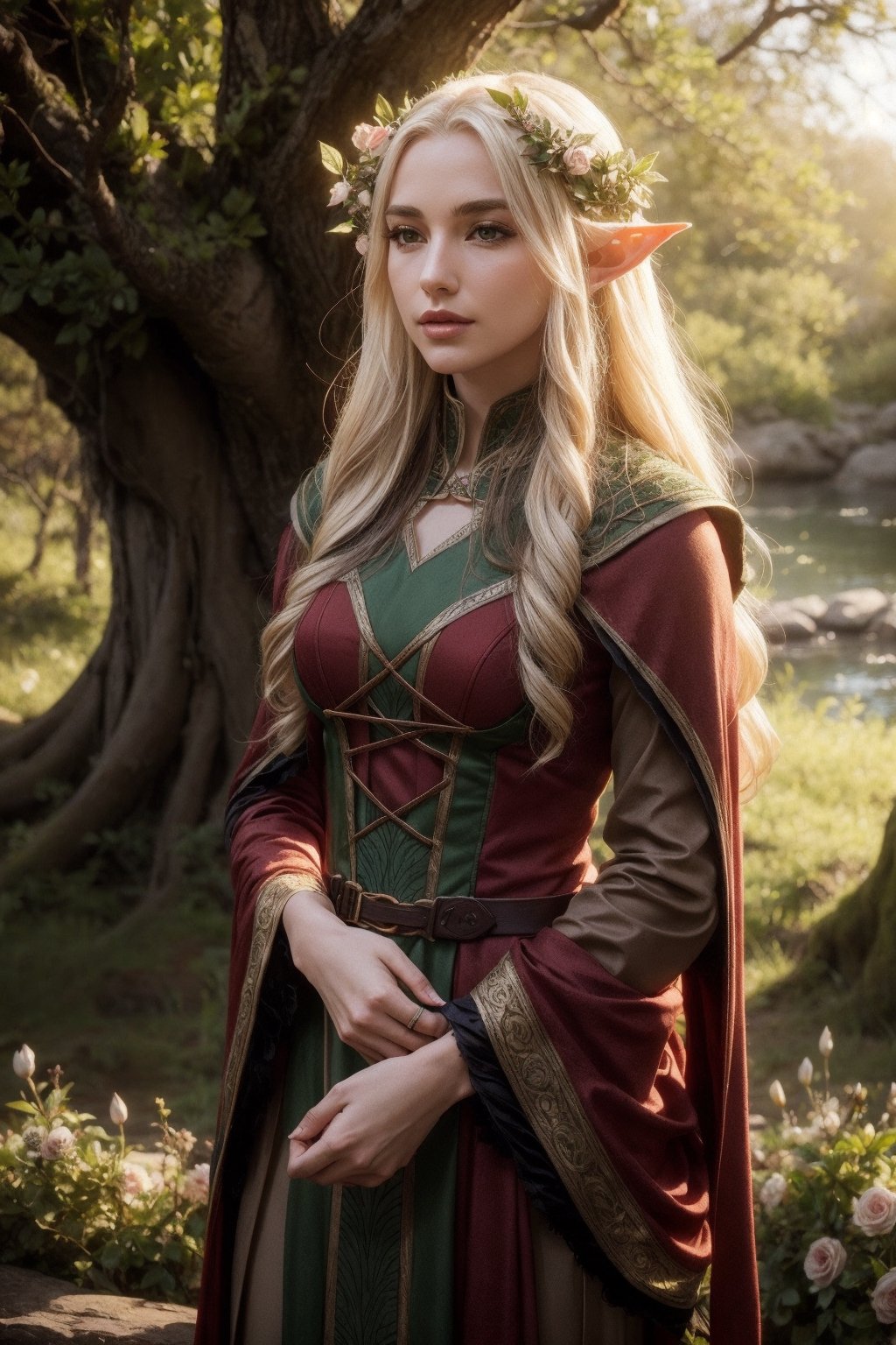 Valinor, forest of blooming flowers, sunrise, beautiful, scenic, female elf, red gown, masterpiece, tolkien elf,high elf archer