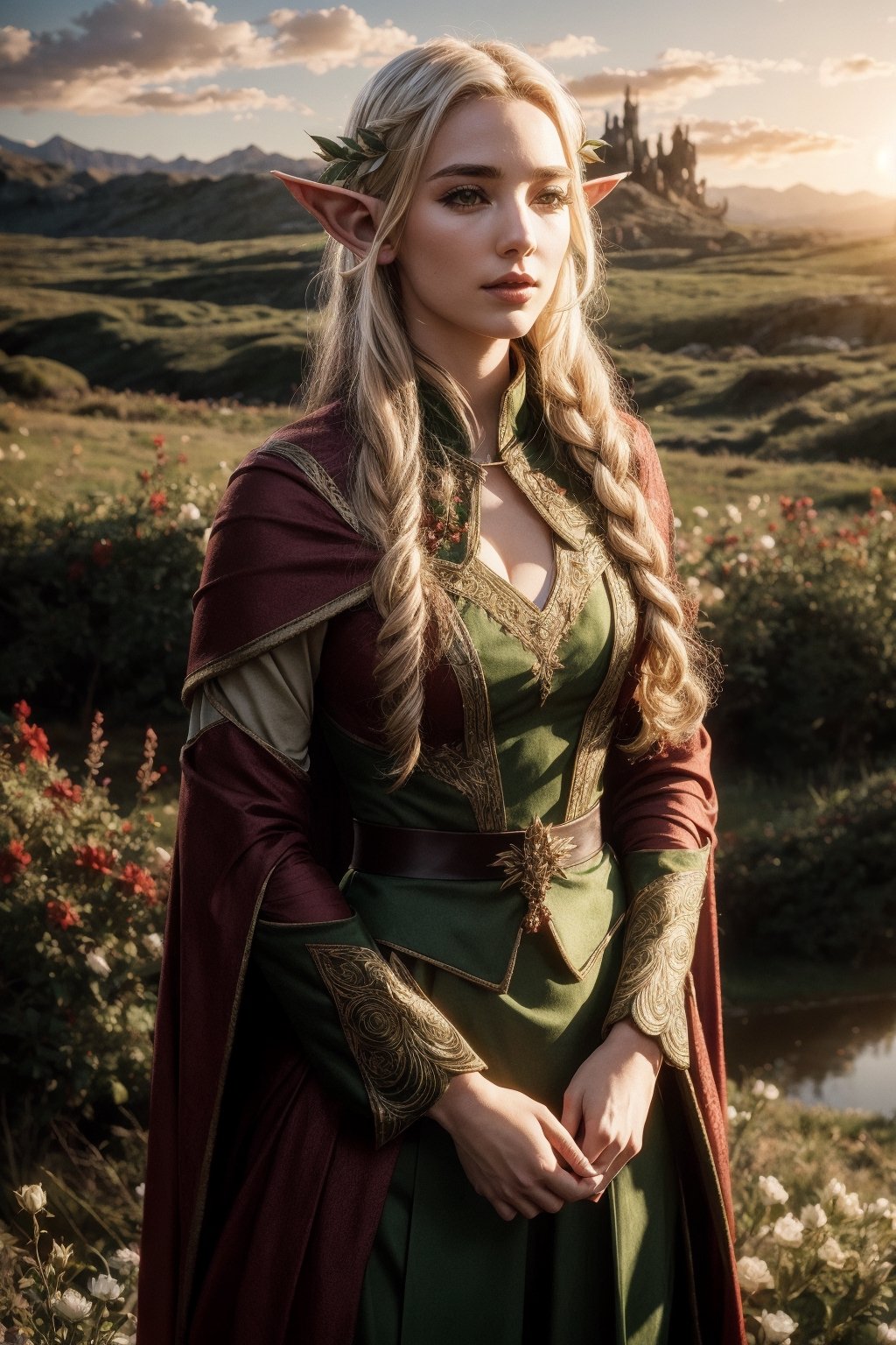 Valinor, forest of blooming flowers, sunrise, beautiful, scenic, female archer elf, red gown, masterpiece, tolkien elf,high elf archer