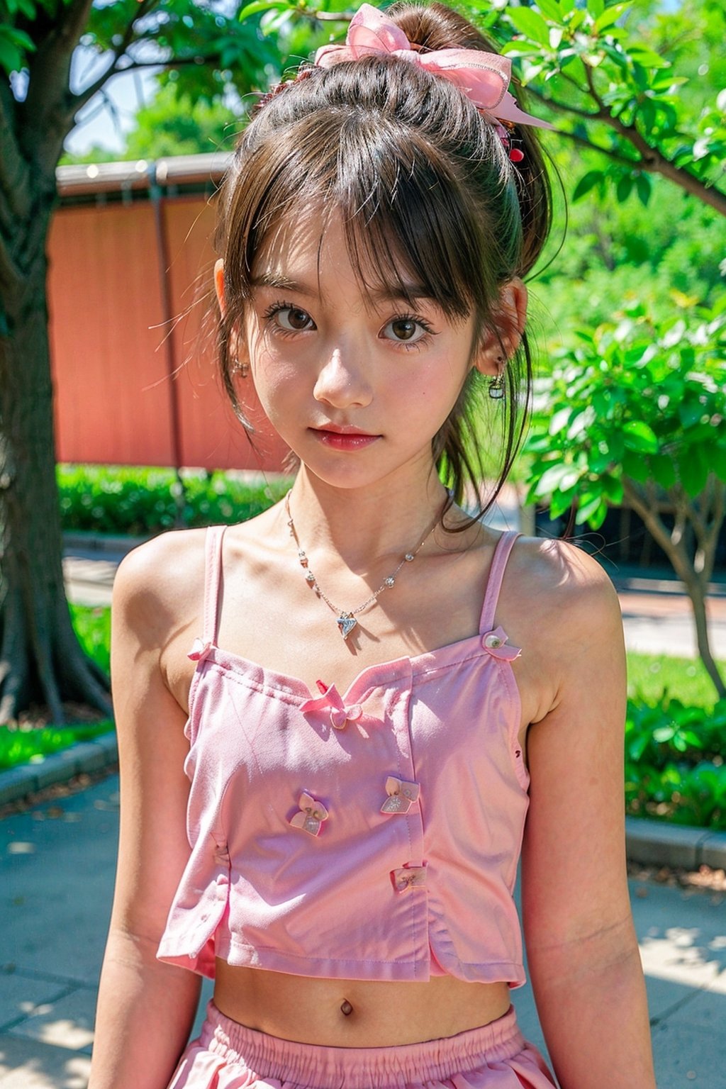 (flat chest), masterpiece, japanese, japanese girl, 8k, young girl, elementary school girl,masterpiece, chubby:1.4, bangs:1.2, cute, crop_top, necklace, micro skirt ,sakura tree,outdoor,AIDA_LoRA_LauraB, belly, embarrassed, diamond-shaped pupils, short ponytail, shy, jealous, film grain, depth of field

