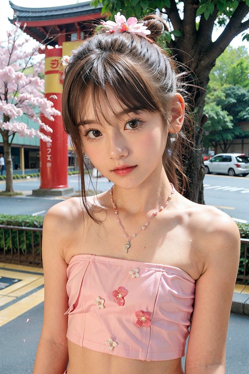 (flat chest), masterpiece, japanese, japanese girl, 8k, young girl, elementary school girl,masterpiece, chubby:1.4, bangs:1.2, cute, crop_top, necklace, micro skirt ,sakura tree,outdoor,AIDA_LoRA_LauraB, belly, embarrassed, hair flower, diamond-shaped pupils, short ponytail, film grain, depth of field
