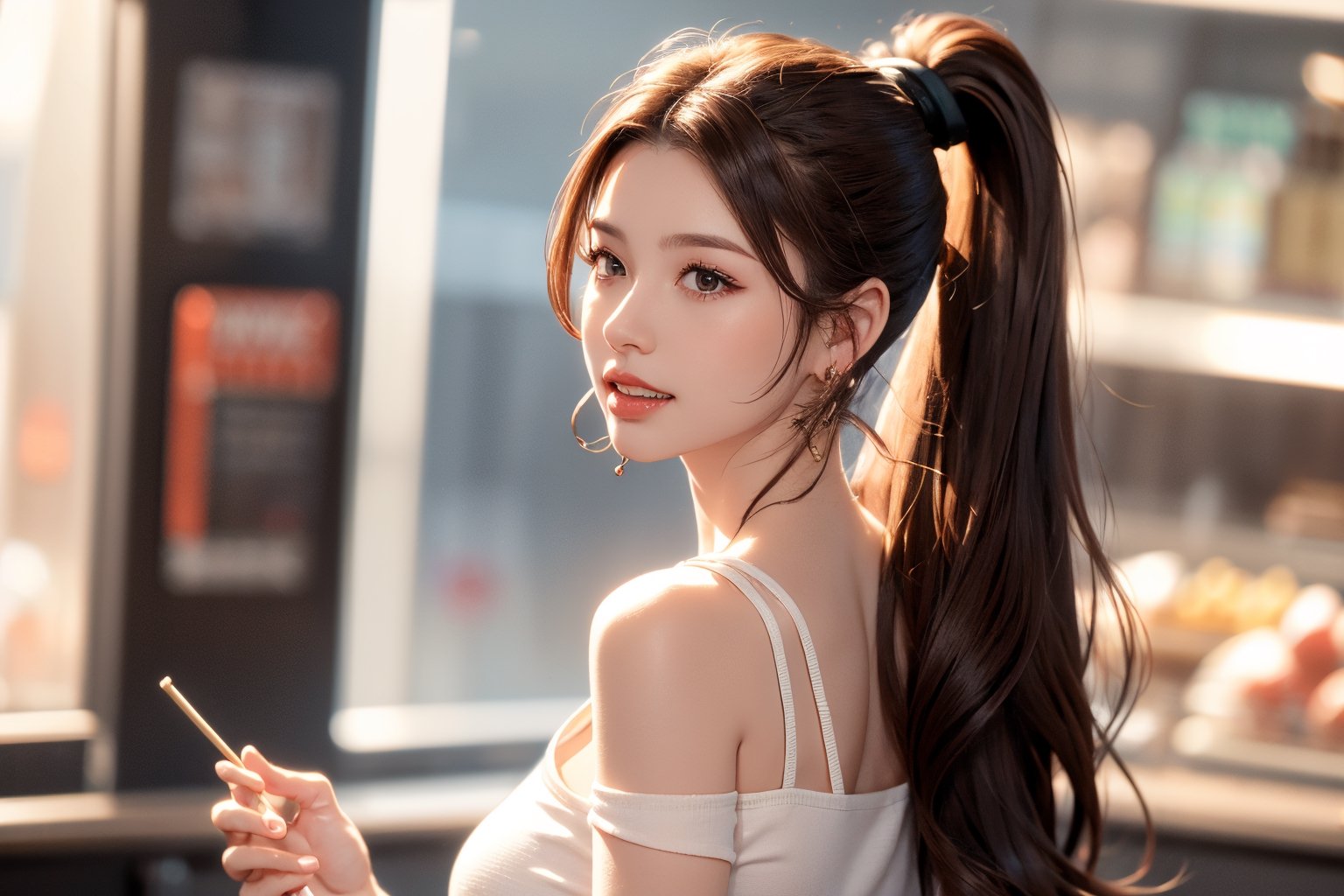 1girl, solo, long hair, brown hair, brown eyes, white teeth, upper body, ponytail,streaked hairs,white T-shirt, bare shoulders, earrings, parted lips, sleeveless, lips, ring, realistic, holding, hamburger reality,gigantic_breasts, in the fast food shop,from side, looking back. 