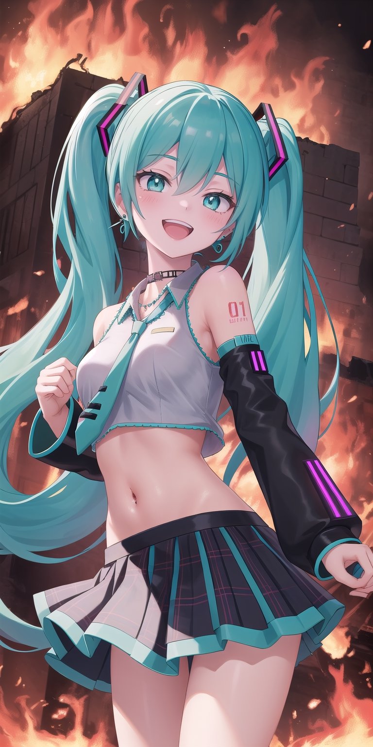 1girl,hatsune miku,beautiful detailed eyes,extremely detailes face,burning building,long sleeved crop top,navel,skirt,plaid skirt,chocker,jewelry,aqua_earrings,smile,evil smile,laughing,embarassed,detailed background,in flames