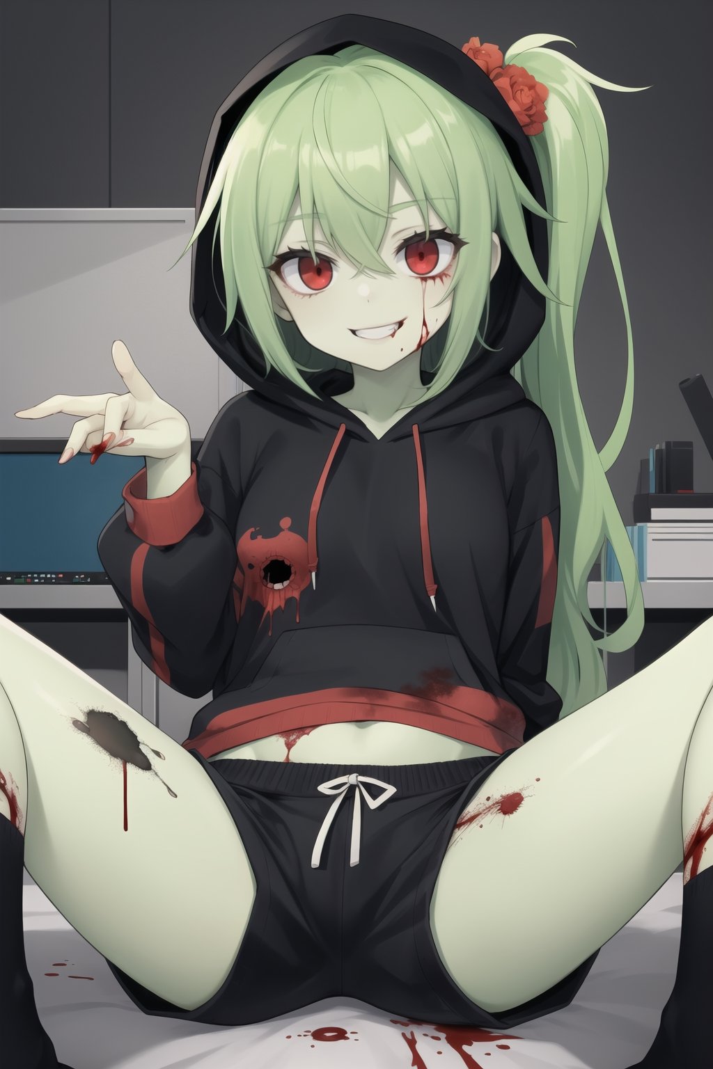 zombie girl, red eyes,green hair, rotten skin,green skin, side ponytail, messy hair, printed hoodie, hood up, black sports shorts, sitting, cute pose, office, 18+ anime style+horror style, blood,crazy smile,gesugao