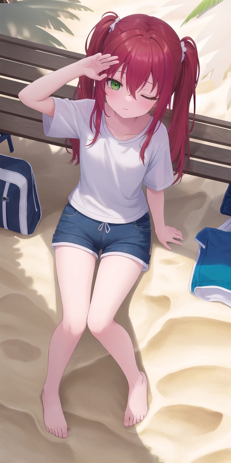 (masterpiece), best quality, high resolution, extremely detailed, detailed background, perfect lighting, 22yo,1girl,red hair,green eyes,shirt,shorts,summer vacation,beach,break,asleep, on head,on bench,hair between eyes,sidelocks, twintails,sleep on sand,top view, cute pose 