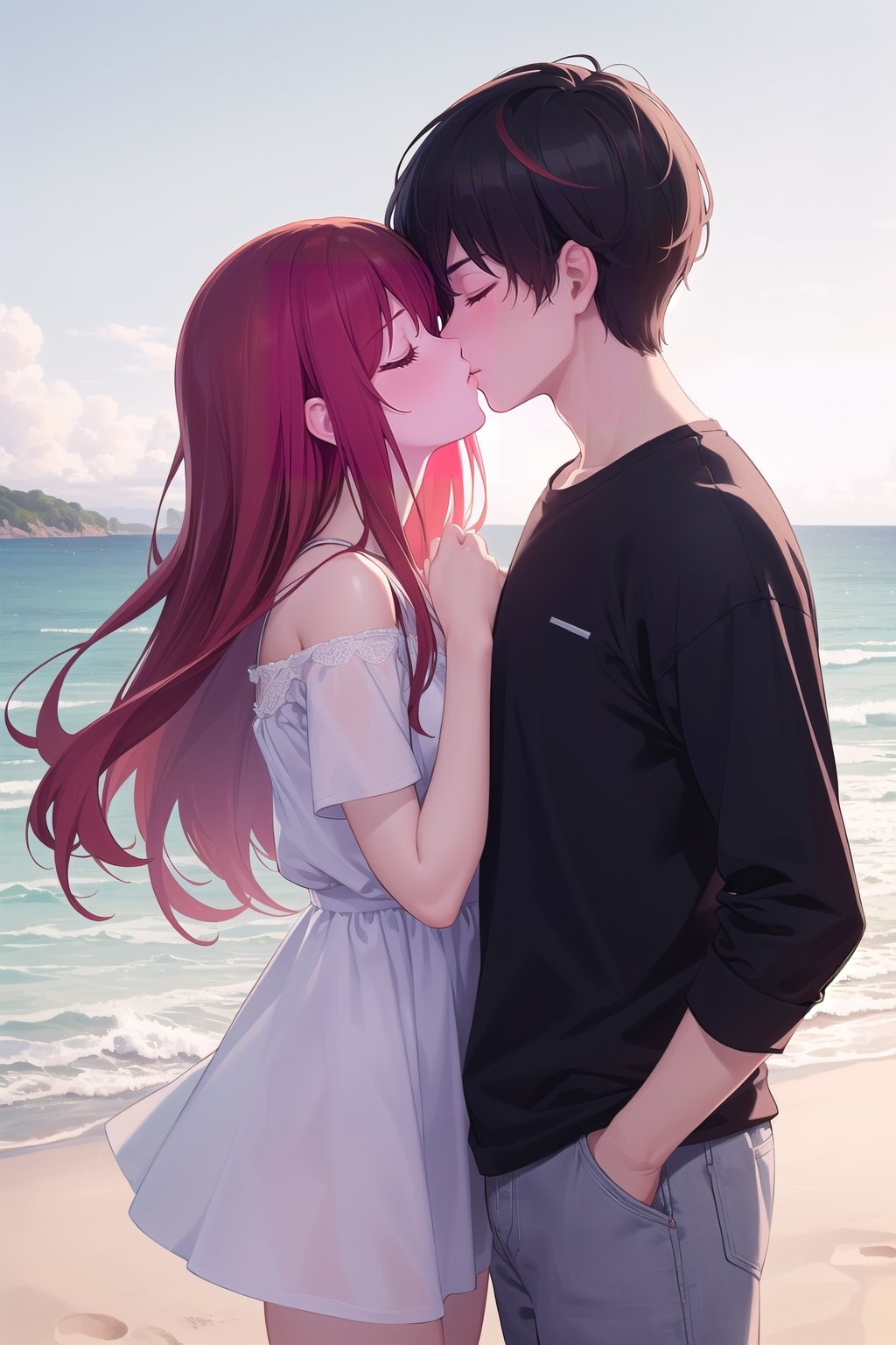 ((masterpiece)), ((best quality)), ((high resolution)), ((extremely detailed)), detailed background, perfect lighting,(1boy and 1girl,couple:1.2),casual outfit,red hair,black hair, closed eyes,beach,standing,side by side,kissing,french kiss,