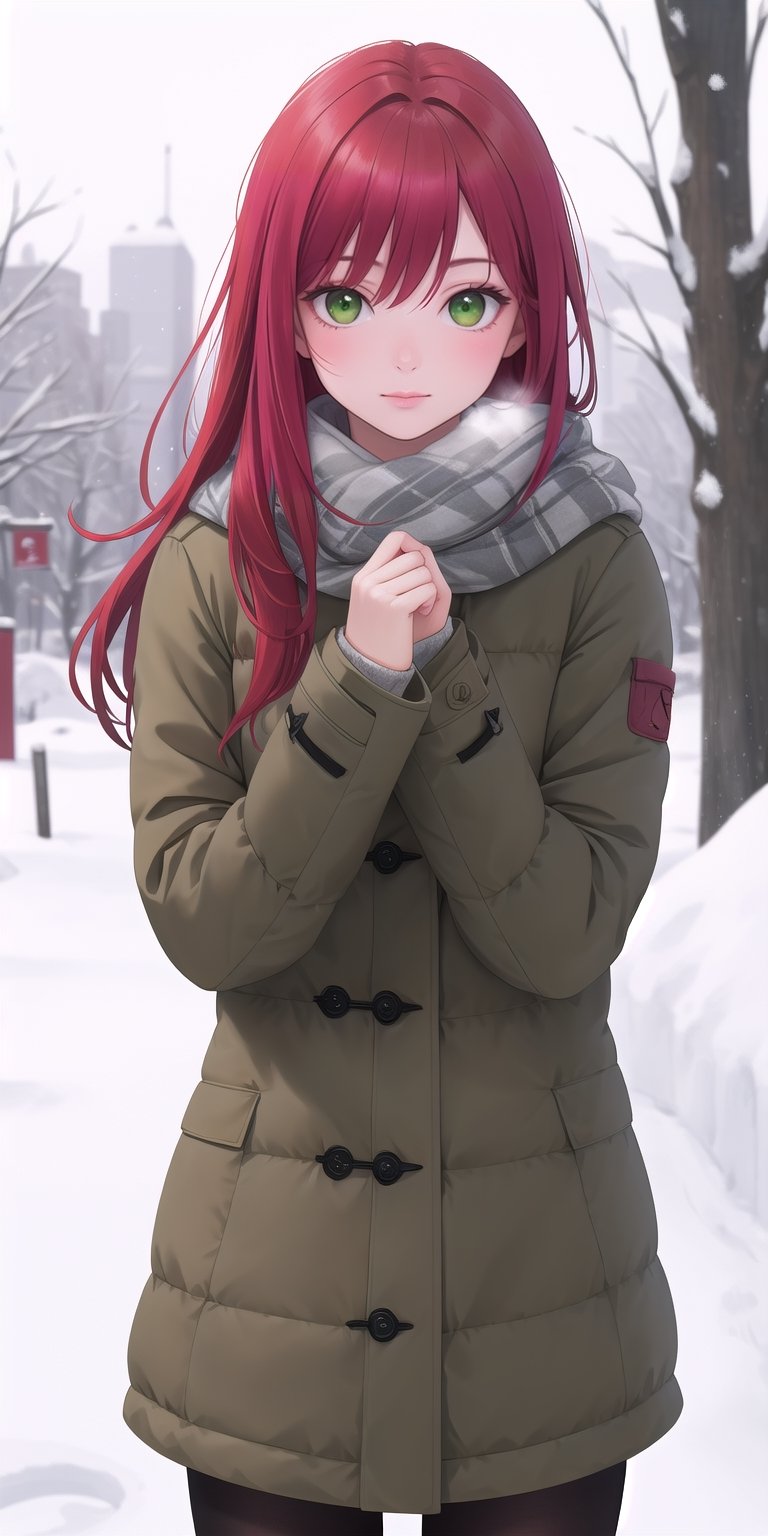 (masterpiece),a girl with red hair and green eyes,in winter clothes,winter,snowy, realistic, photorealistic 