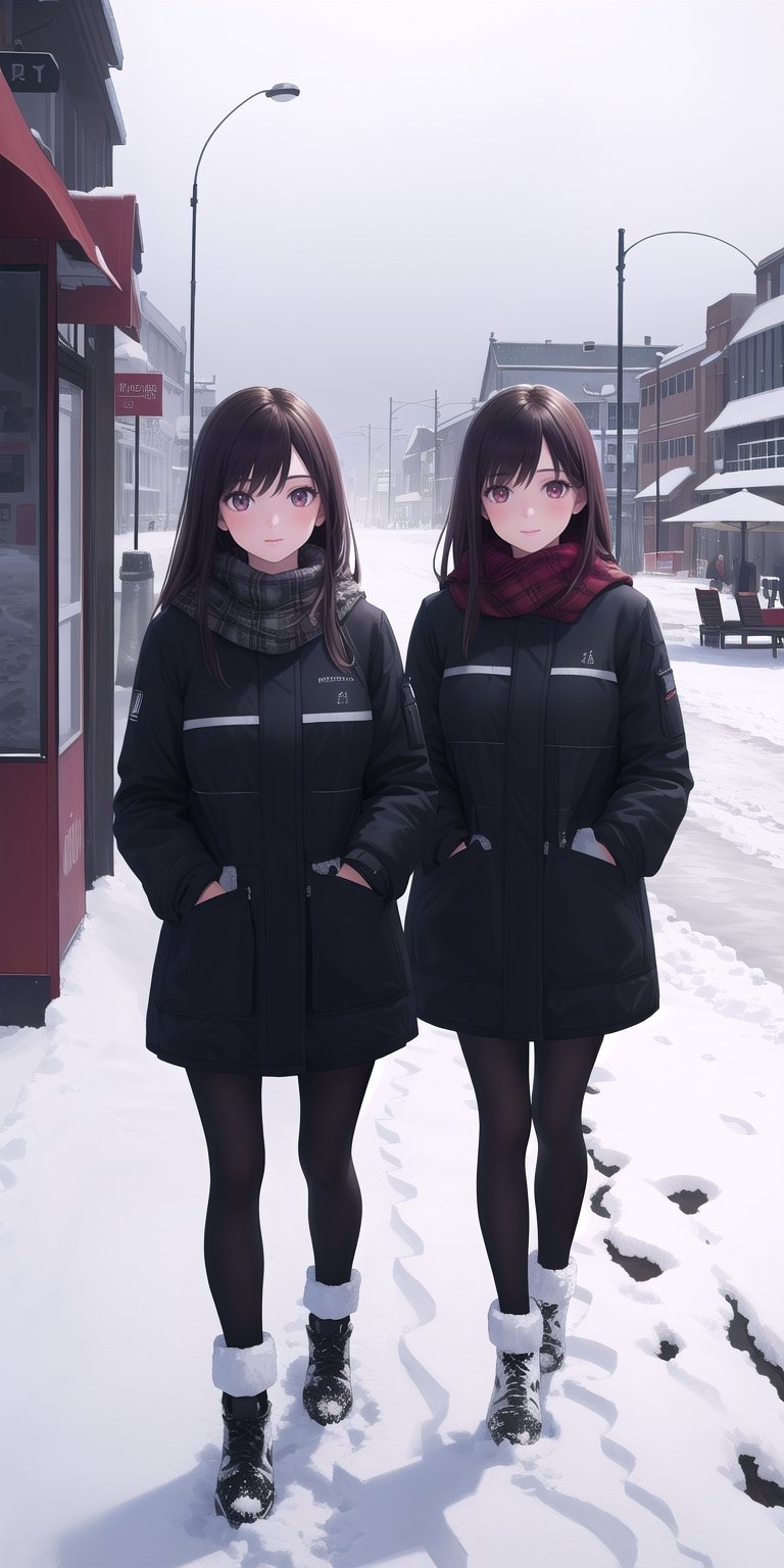 (masterpiece), detailed backgroud,best quality, (2girls;1.2), beach,winter clothes,city,snowy sky,snowy city, realistic, photorealistic 