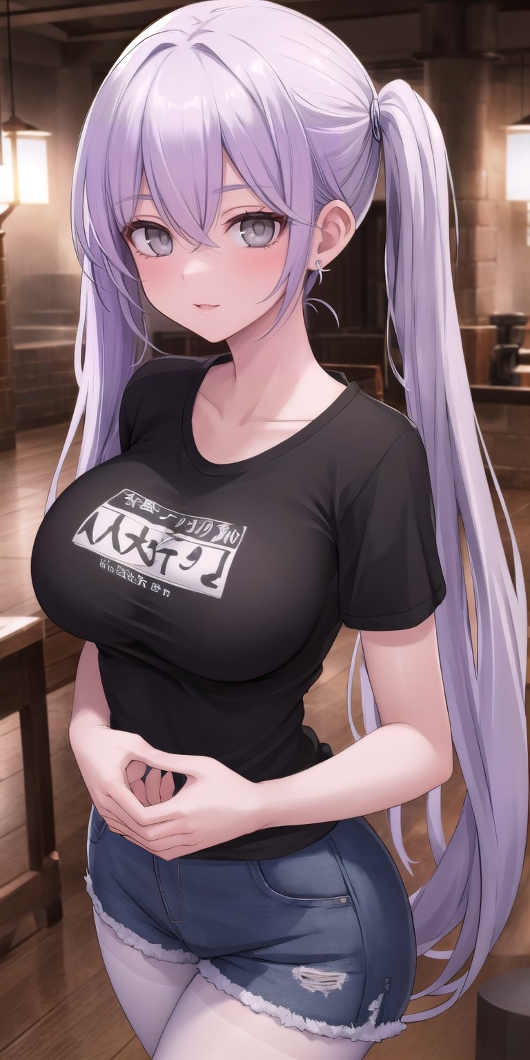 (masterpiece), best quality, high resolution, extremely detailed, detailed background, perfect lighting, 22yo,1girl,female focus,takashi_mitsuya, very long hair)))), ((twintails)),grey hair,grey eyes (voluminous hair:1.3), (t-shirt:1.5), denim shorts, pantyhose, collarbone, light smile, joyful eyes, cute pose, BREAK indoors, hot springs, BREAK looking at viewer, (cowboy shot:1.5), BREAK, (masterpiece:1.2), best quality, high resolution, unity 8k wallpaper, (illustration:0.8), (beautiful detailed eyes:1.6), extremely detailed face, perfect lighting, extremely detailed CG, (perfect hands, perfect anatomy), solo, ultra beautiful, ((((feminine)))), ((((large breasts)))), ((((slim figure))),(((((gender swap))))),narrow waist,perfect hands