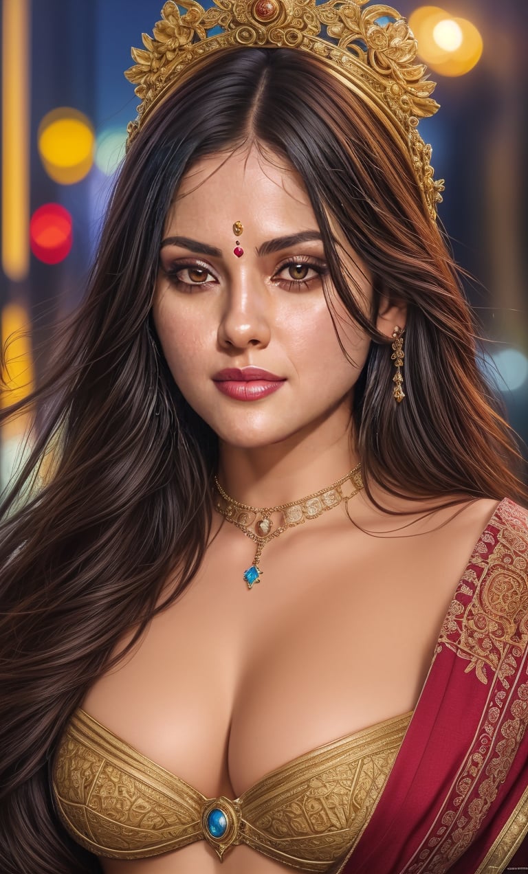 gorgeous and sexy Goddess of Pardise, clean face, showing in 4k format, intricate work of magical art, movie poster, in cgsociety trends, complex, epic, from Ilya Repin, very detailed bright, staged rendering of the character, super high quality model, beautiful face, background in style bokeh