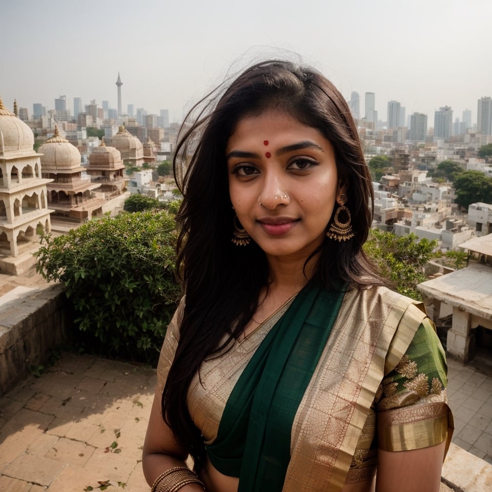 (8k, highest quality, ultra detailed:1.1), Kiran, an 18-year-old stunning Indian girl, explores the bustling streets of a vibrant city. She wears a stylish outfit that reflects her modern Indian style. Her captivating eyes, long eyelashes, and radiant smile add to her charm. The high-resolution image captures ultra-detailed realism, emphasizing Kiran's eyes, face, and the vibrant cityscape with photorealistic precision. The dynamic city backdrop creates a visually stunning representation of Kiran's urban exploration and Indian beauty.,photorealistic, saree, eligent, road