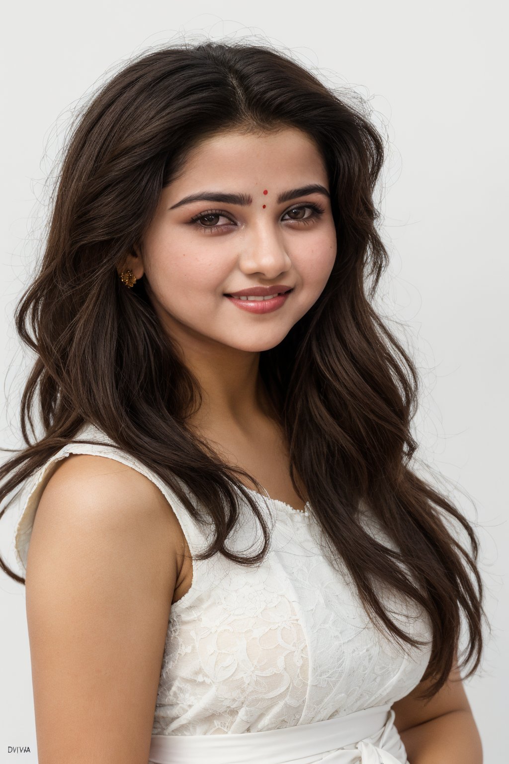 Top Quality,Masterpiece,Ultra High Definition,Photorealistic,Raw Photo,One Girl,Glossy Skin,20years age girl,traditional dress  ,Close up ,innocent face ,sexy eyes ,little smile ,traditional dress wearing ,divya bharti ,,better_hands,white background