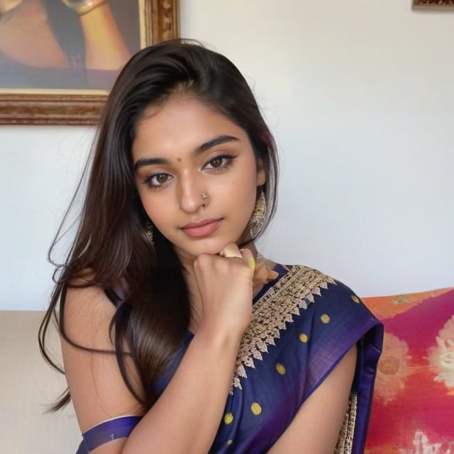 beautiful cute young attractive realistic Indian teenage girl, 18 years old, cute, Instagram model, long black hair, colorful hair, warm, dacing, in home sit as a sofa,Indian