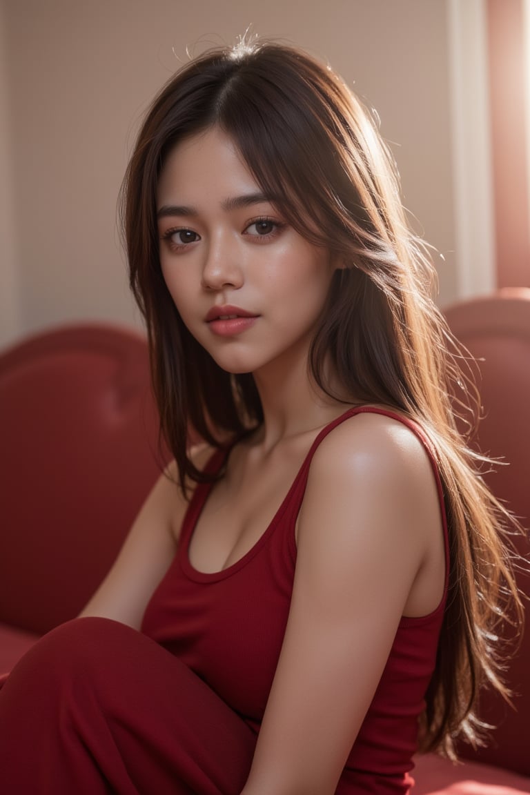 A warm and intimate morning portrait of a Thai woman lying in bed, softly wrapped in rich red sheets that gently drape over her body. She has a relaxed and happy expression, her eyes gazing softly towards the viewer. Her long, messy hair spreads out over the pillow, catching the early white morning light that streams in through a nearby window. The lighting is soft and bright, creating a beautiful contrast between light and shadow, highlighting her facial features and the delicate texture of the red sheets. The background is simple, with subtle red accents, keeping the focus entirely on the woman and the cozy, tranquil atmosphere of the bedroom. The mood is serene and peaceful, capturing a quiet moment of stillness at the start of the day.