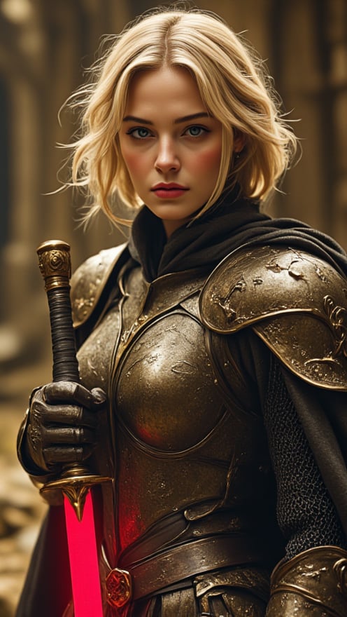 A cinematic portrait of a fearless medieval warrior woman: Amidst foreboding darkness, her determined gaze illuminates the desolate landscape as she strides forward, red lightsaber in her steady hand, casting warm golden light on her blonde short hair and intricate armor patterns that gleam amidst the misty veil. Her finely detailed face, with beautiful delicate eyes and nose, is the focal point of the image. The cinematic composition features a stunning shadow that accentuates her facial features. Her passionate smile and dynamic pose convey unwavering courage, as hints of malevolent demons lurk in shadows, their dark silhouettes contrasting with the soft idyllic background whispers ancient mysticism.