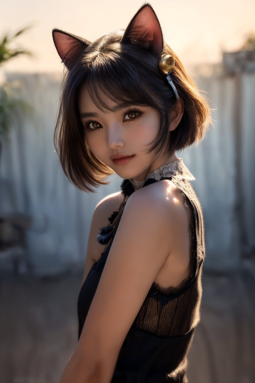 (photorealistic:1.4), (anime colored:1.5),(masterpiece, sidelights, exquisite gentle eyes), (character focus,face focus, close to viewer, portrait, masterpiece) , realistic skin, cute face, 3D face, (black long hair), (blunt bangs:1.3),(1girl, most beautiful korean girl, stunningly beautiful girl, gorgeous girl, 18yo, over sized eyes, big eyes, looking at viewer), (gold eyes:1.3), (cowboy shot:1.5), (sleeveless lace black sundress :1.5), (kind face), (bell on collar:1.3), (cat ears,cat tails:1.3), (cute face), (happy:1.5), Gentle face,(medium breasts), (gradient background), (glowing eyes), neat and clean, adorable, Slim Body,(tsurime:1.5), shiny hair, shiny skin,masterpiece