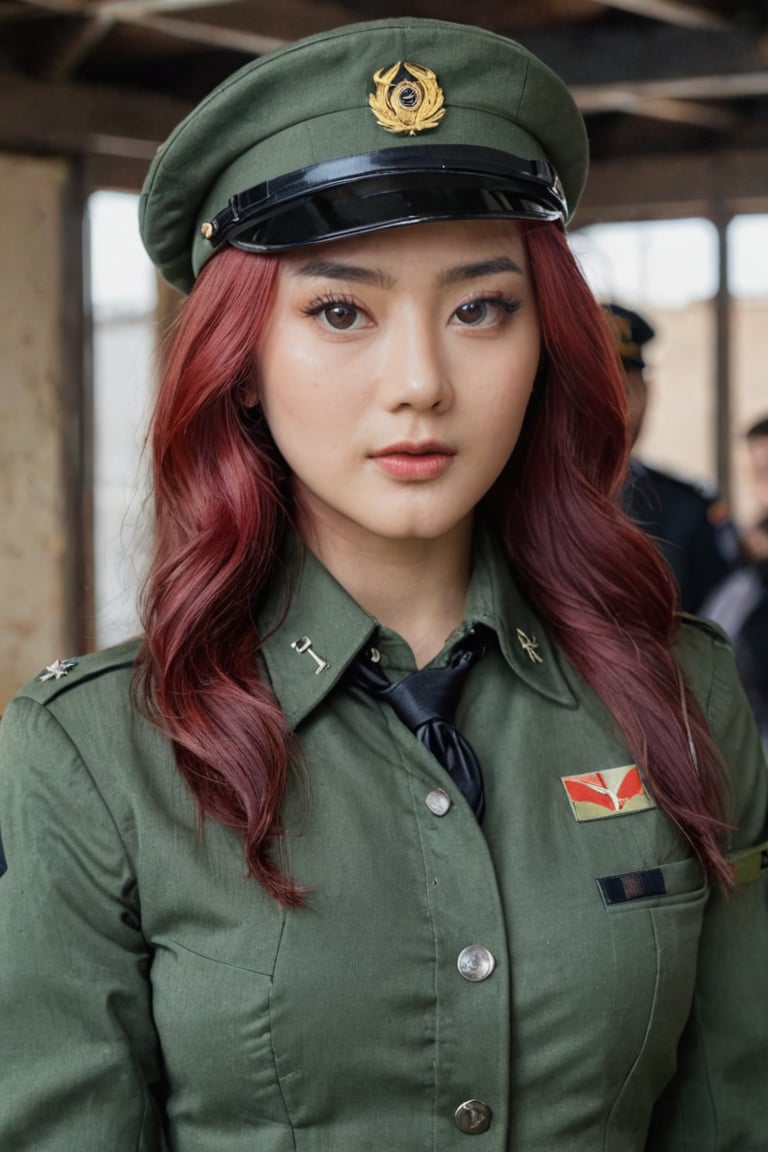 A young woman in a green military uniform stands solo, looking directly at the viewer with an intense gaze. Her bangs frame her face, and her shirt is covered by a jacket with long sleeves. Her eyes glow red as she wears black gloves and a necktie, adding to the mysterious atmosphere. White and red hair peeks out from under her hat, which matches the color of her military uniform. The framing of the shot focuses on her upper body, drawing attention to her closed mouth and piercing gaze, photorealistic:1.3, best quality, masterpiece,MikieHara,