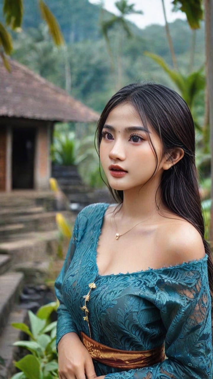 (Photorealistic, hyper_realistic, high_resolution, HD, best_quality, perfect_lighting, more sharpness, more contrast, highly_detailed, Award-winning cinematographer). In a serene traditional village on Central Java, Indonesia, a stunning 18-year-old asian girl with long hair and mesmerizing brown eyes gazes directly at the camera. Her wet lips subtly curve as she wears an exquisite blue Javanese Kebaya. The soft glow of misty mountains and lush plants dissolves into the distance, creating a dreamlike atmosphere. Vibrant colors blend harmoniously, casting a surreal spell. (more_contrast, more_realistic, more_detailed), upper-body