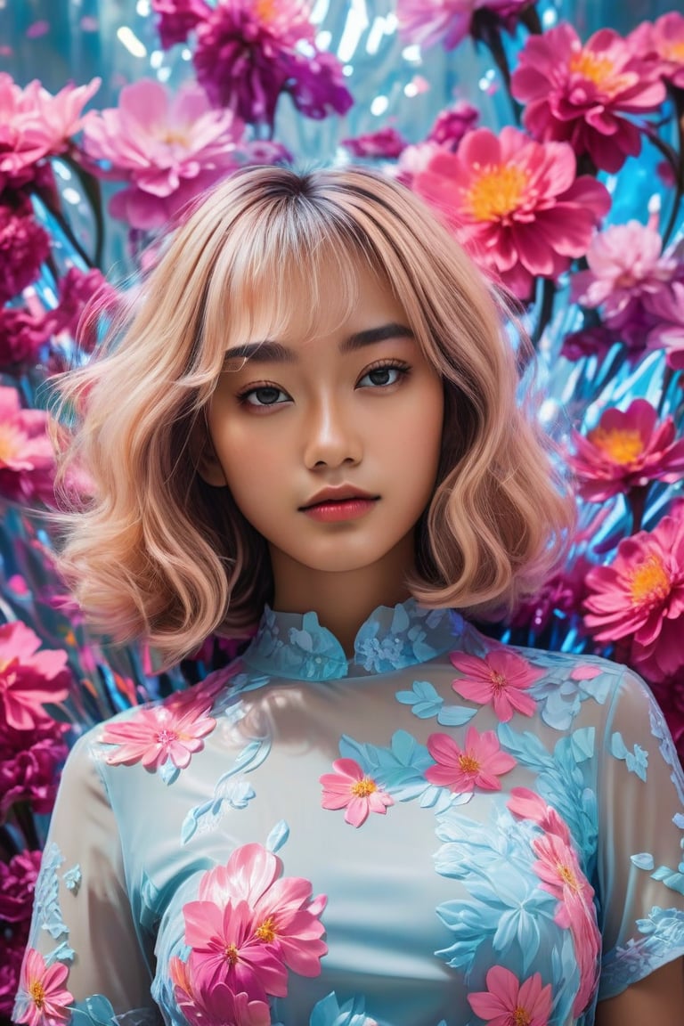 In a stunning portrait, September Ai, a HONG KONG Girl with brown skin and short messy hair, lies from the front point pose, exuding high fashion elegance. Against a flowing neon-holographic floral background, iridescent vaporwave effects dance around her. The overall composition is fluid, with delicate flowers swirling behind her. A realistic illustration of this beauty, featuring long blonde hair, is reminiscent of Flat vector art. score_9, score_8_up, score_7_up, score_6_up,School_girl,gh3a,ZeeJKT48,tiar4