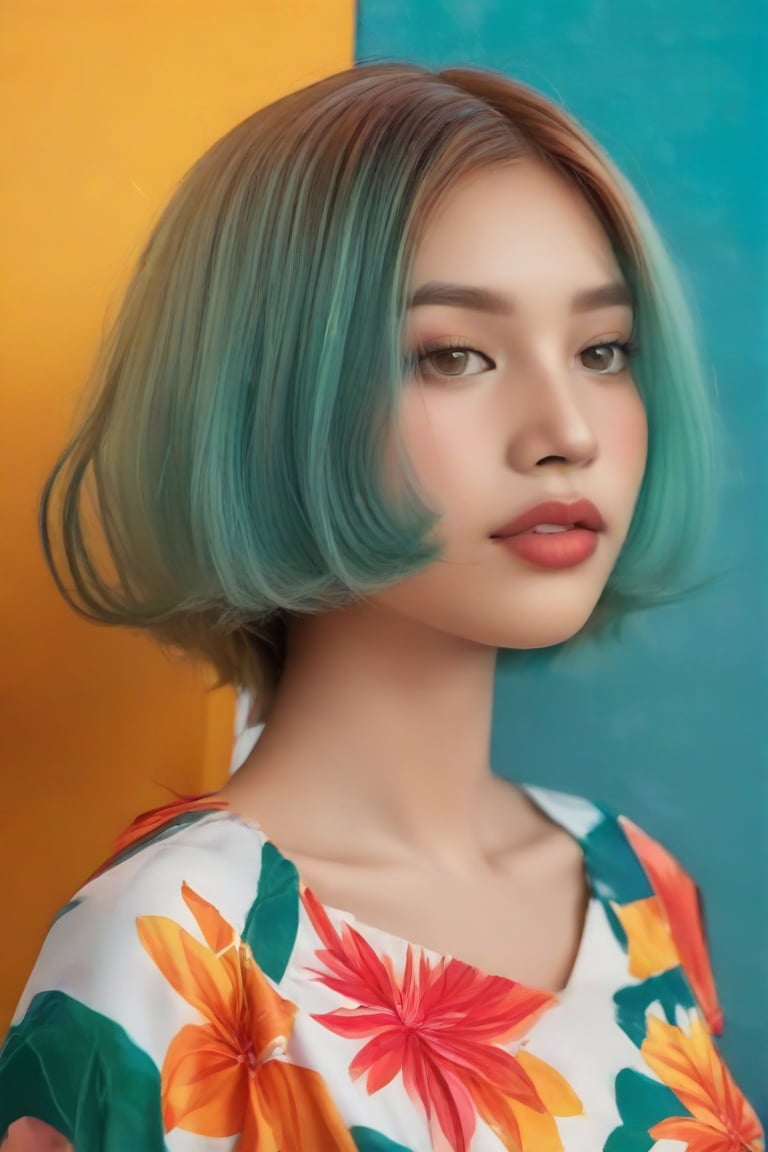 portait image of a girl which could suggest a creative or rebellious personality. The presence of the colorful background may indicate a sense of vibrancy or action associated with the character. She wears a beautiful tropical inspiration outfit. The overall composition and style are indicative of a narrative-driven genre such as comics or graphic novels, portrait, close-up