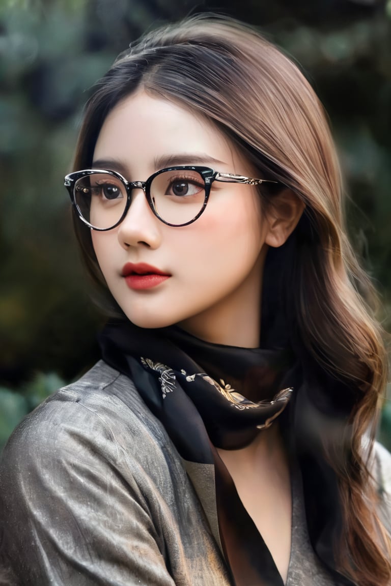 ((masterpiece)), ((best quality)), (((photo Realistic))), (portrait photo), (8k, RAW photo, best quality, masterpiece:1.2), (realistic, photo-realistic:1.3). An entrancing portrait of a young woman, donning stylish glasses, black hat and a mysterious black scarf that conceals her eyes. she wearing black sheer and black jacket, Her intense gaze pierces through the viewer, captivating their attention and drawing them into the captivating image. With her hair cascading voluminously down her shoulders, she exudes an enigmatic allure that only heightens her mystique. The background a muted steel gray hue, accentuating the striking composition and the subject's mesmerizing presence. The photograph masterfully combines colors, shapes, and textures, evoking a sense of fascination and curiosity.