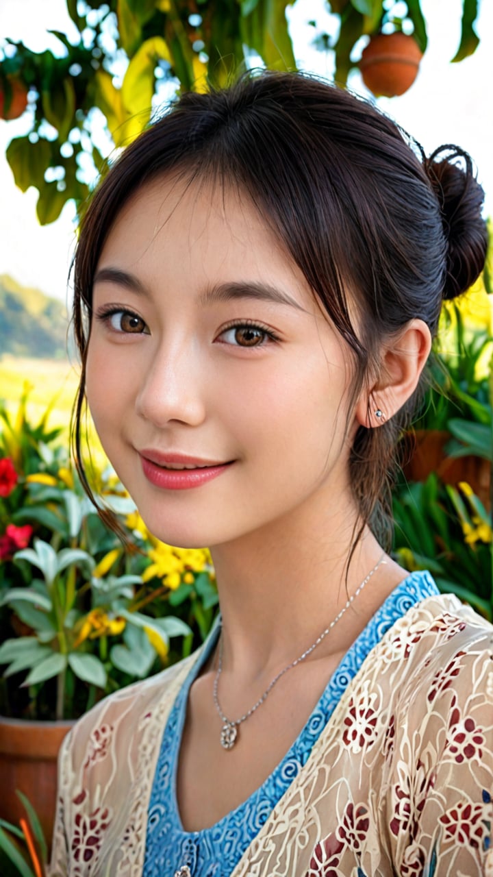 (Photorealistic, hyper_realistic, high_resolution, HD, best_quality, perfect_lighting, more sharpness, more contrast, highly_detailed, Award-winning cinematographer). In a serene traditional village on Central Java, Indonesia, a stunning 18-year-old asian girl with short bun hair and mesmerizing brown eyes gazes directly at the camera. Her wet lips subtly curve into a gentle smile as she wears an exquisite blue Javanese Kebaya. The soft glow of misty mountains and lush plants dissolves into the distance, creating a dreamlike atmosphere. Vibrant colors blend harmoniously, casting a surreal spell. (more_contrast, more_realistic, more_detailed), upper-body, portrait