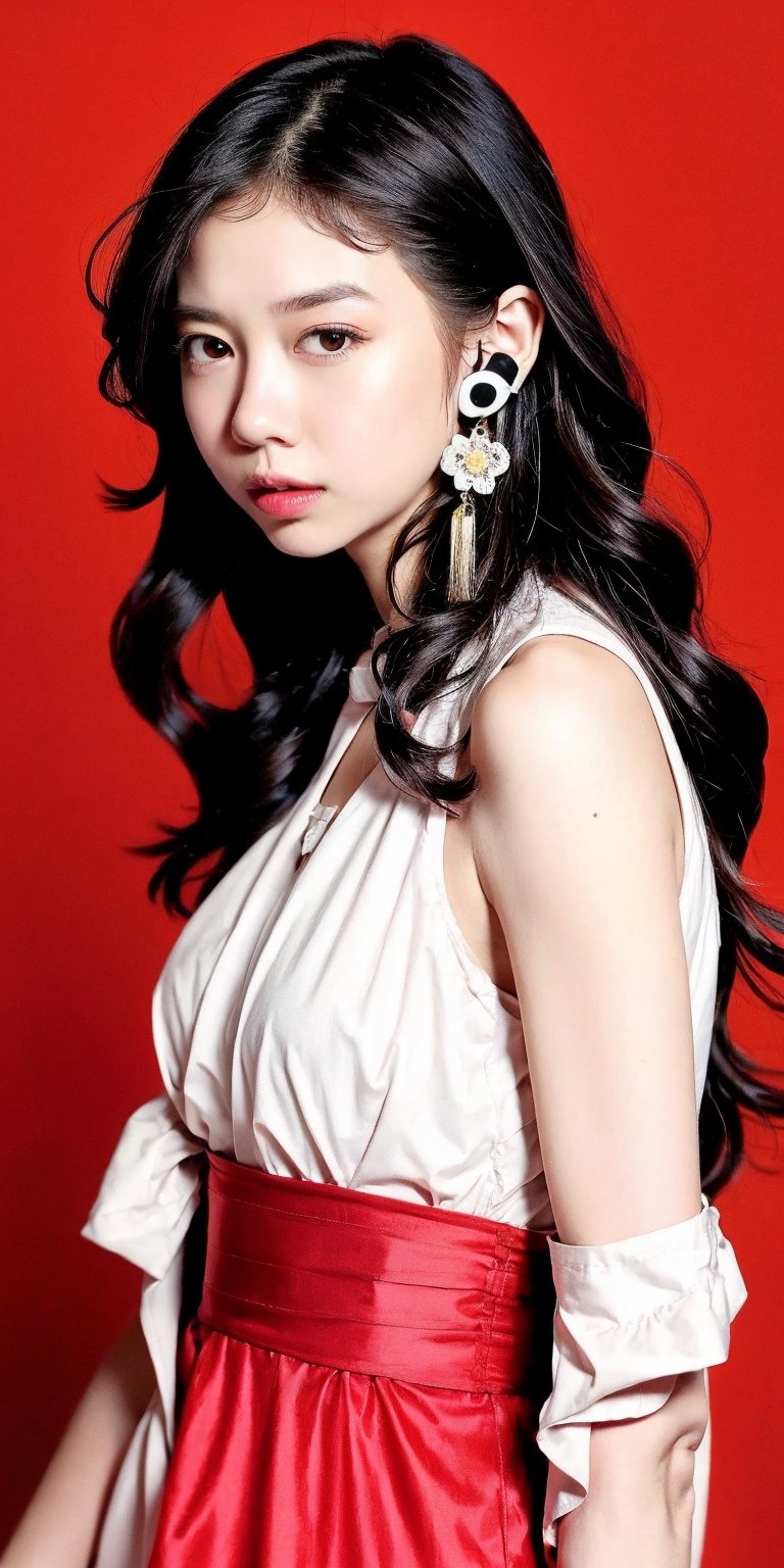 1girl, solo, long hair, looking at viewer, bangs, short black hair, hair ornament, closed mouth, upper body, hair flower, sexy hiphop clothes, red background, black eyes, lips, sash, realistic, wearing headphones,s4str0,frey4,maw4r,yukikato